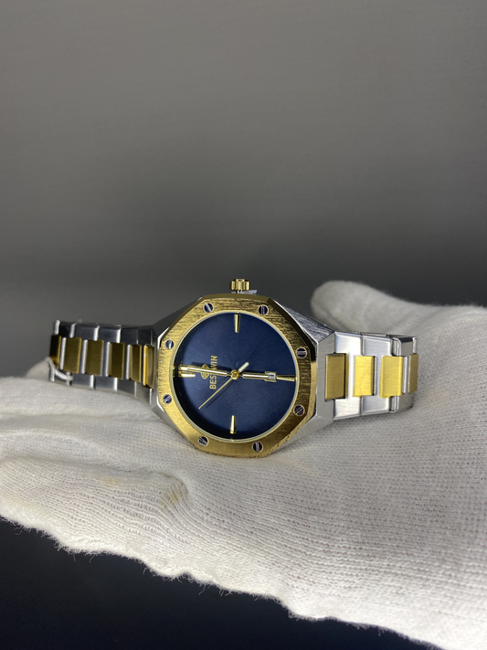 BEST WIN ORIGINAL WATCH WITH BOX 2 TONE CHAIN WITH Blue Dial