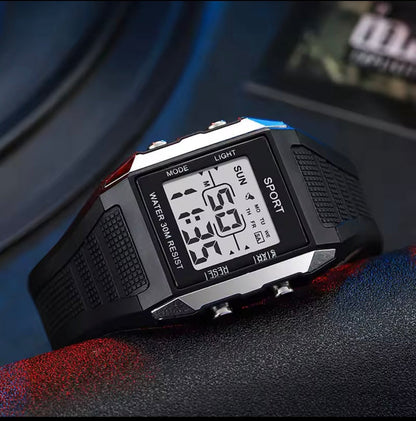 Sport Digital Watch Water 30M Resist – Square LCD Display | Black, Silver & Gold