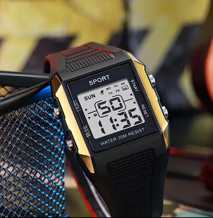 Sport Digital Watch Water 30M Resist – Square LCD Display | Black, Silver & Gold