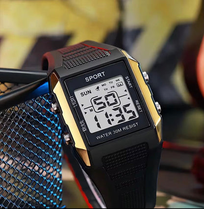 Sport Digital Watch Water 30M Resist – Square LCD Display | Black, Silver & Gold
